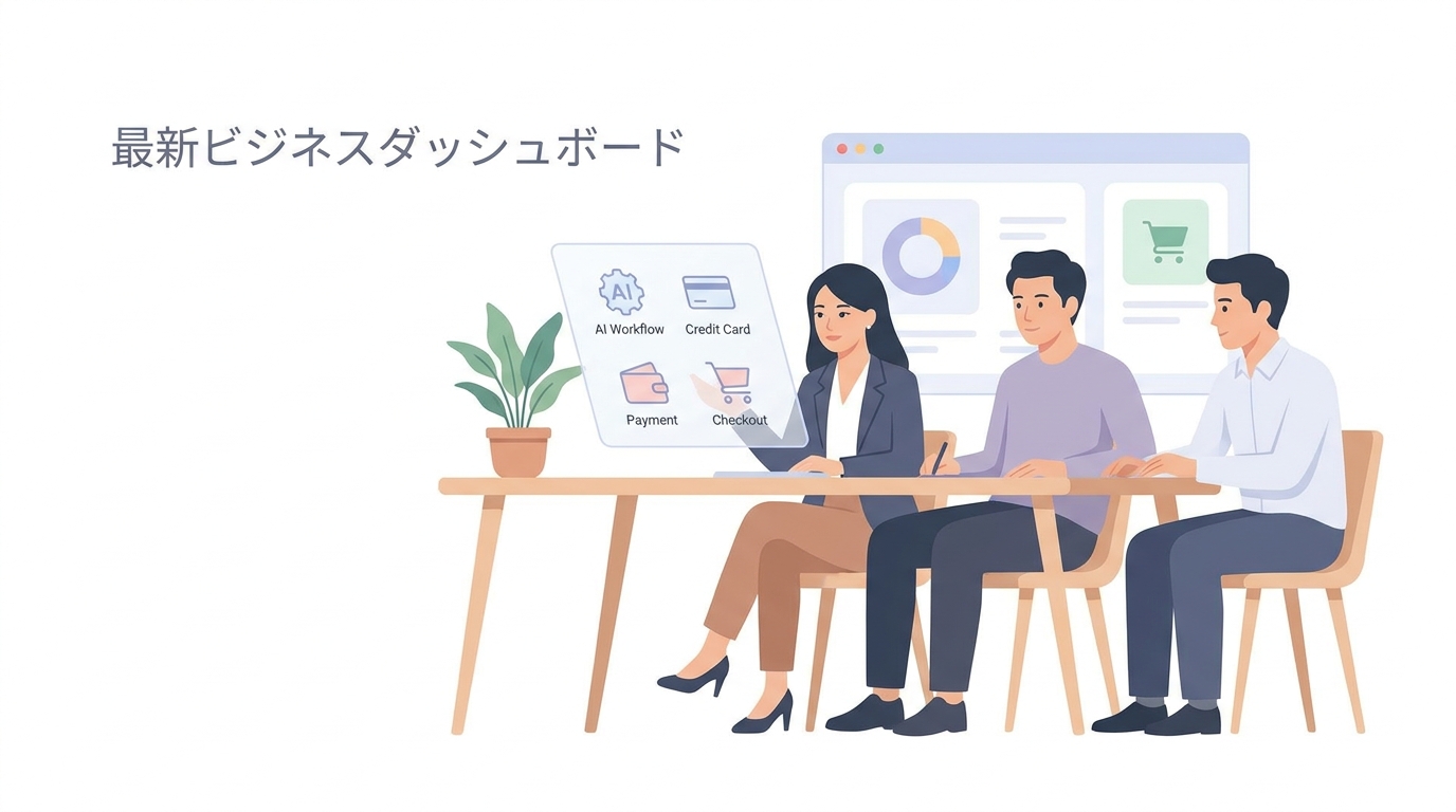 A modern business dashboard displaying AI chatbot workflow integration with credit card payment interface and seamless d