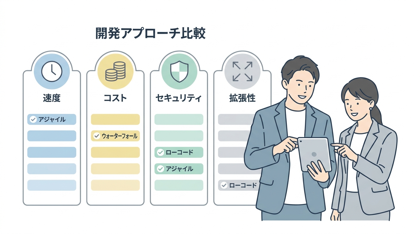 A modern, minimalist comparison chart or dashboard concept showing different software development approaches, with icons