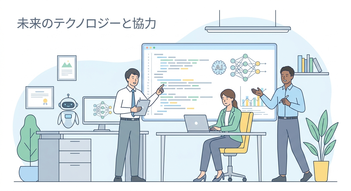 A professional modern office space with a diverse team of software developers and AI engineers collaborating, with high-