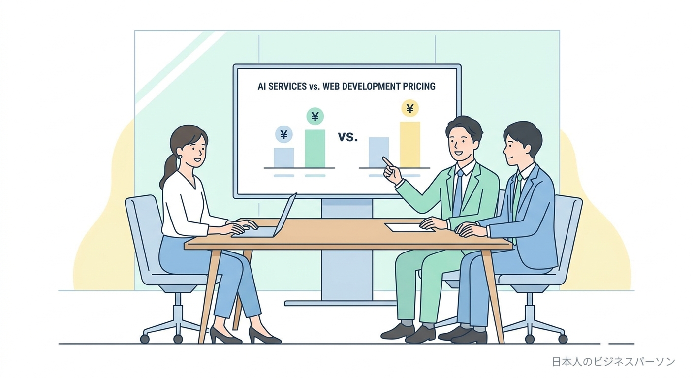 A professional business meeting showing a comparison chart of AI services and web development pricing on a screen, clean