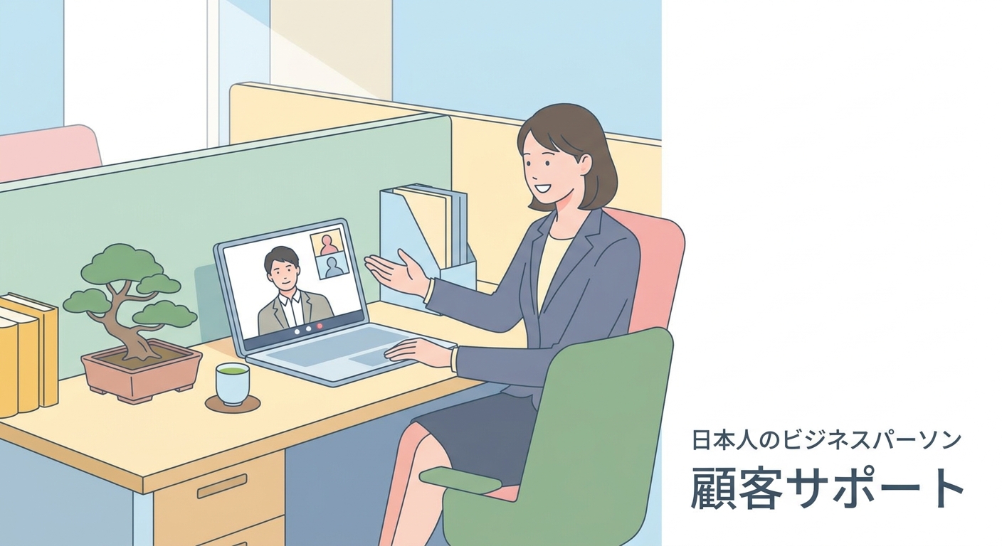 A friendly customer support representative or project manager in a bright office, helping a client via video call on a l