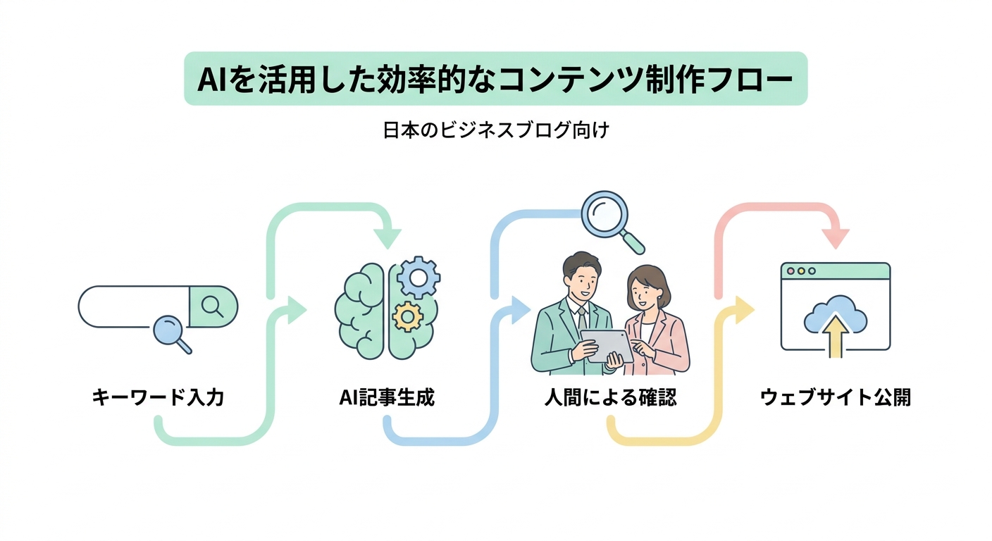 A streamlined digital flowchart showing steps from keyword input, AI article generation, human review, to website publis