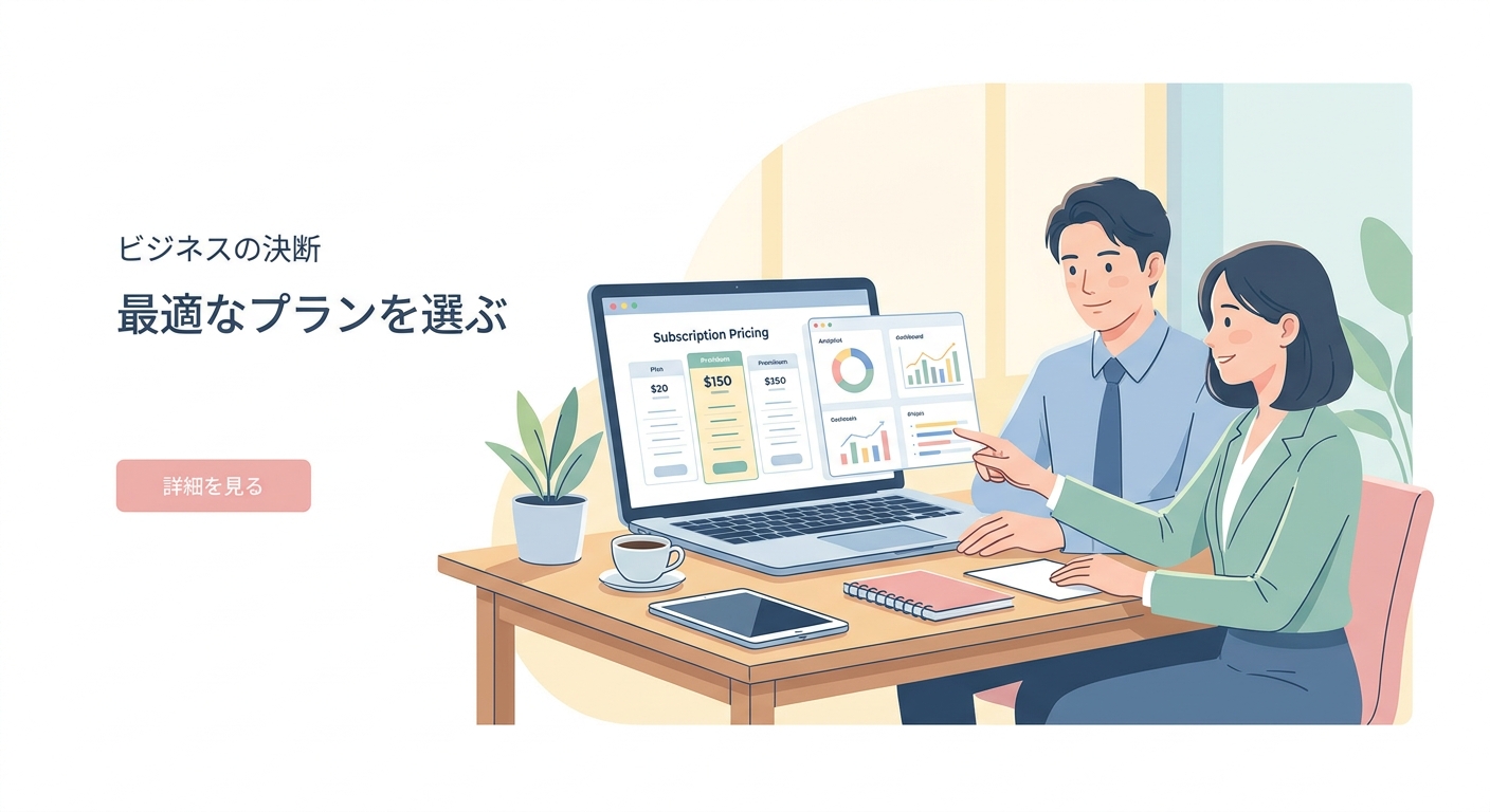 A professional business decision-making scene with a laptop displaying website subscription pricing comparison tables an