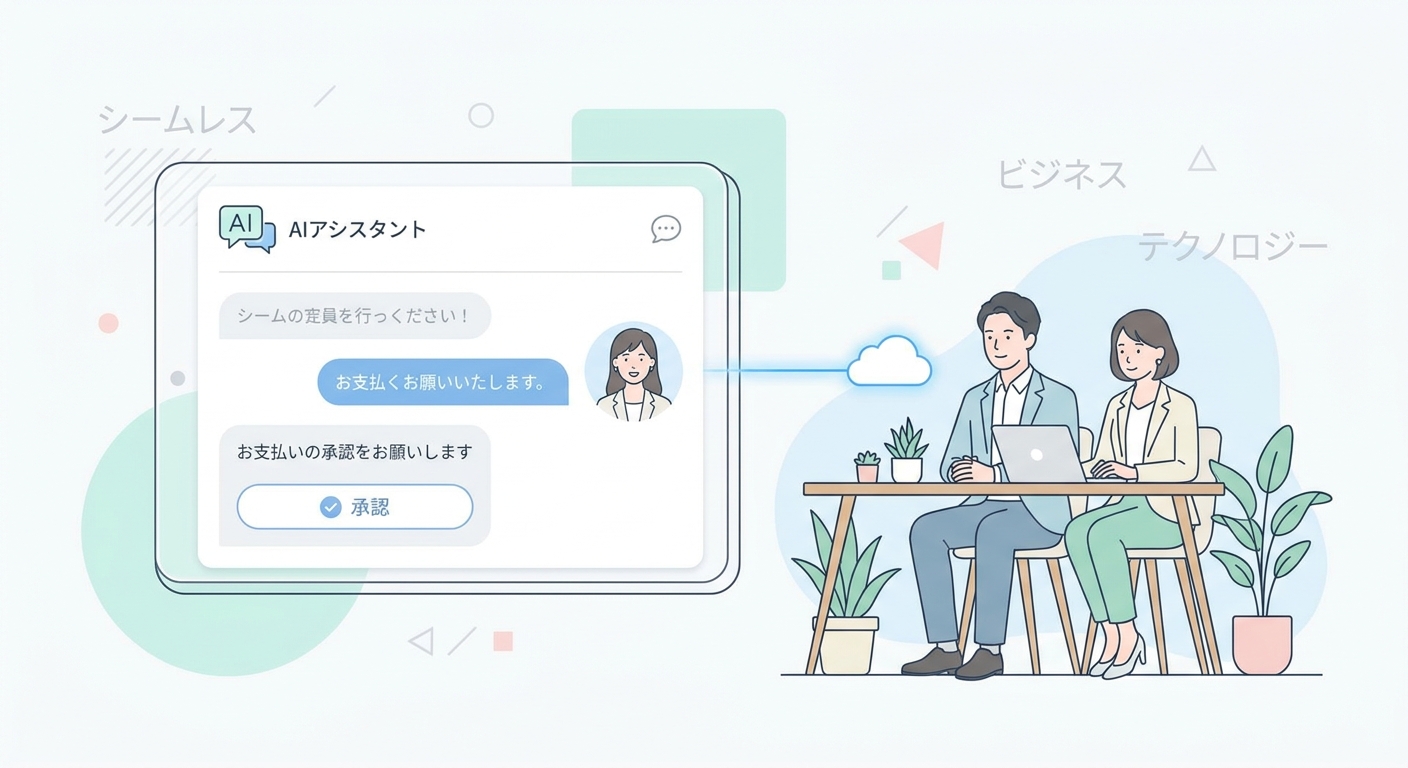 A professional modern interface showing an AI chatbot assisting a user with seamless chat payment authorization, clean U