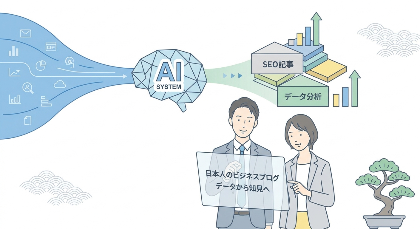 An abstract illustration showing data stream flowing into an AI system and transforming into structured SEO articles and