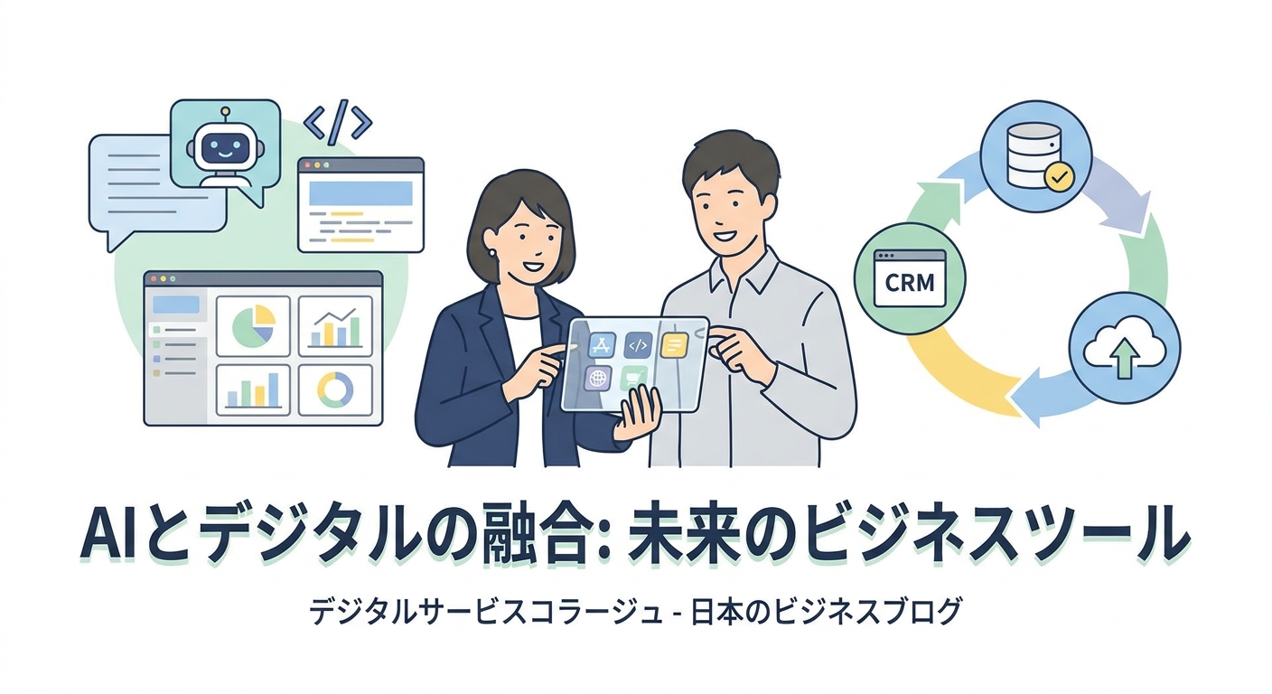 A high-tech digital service collage illustrating AI chatbots, website development dashboards, and integrated CRM tools i