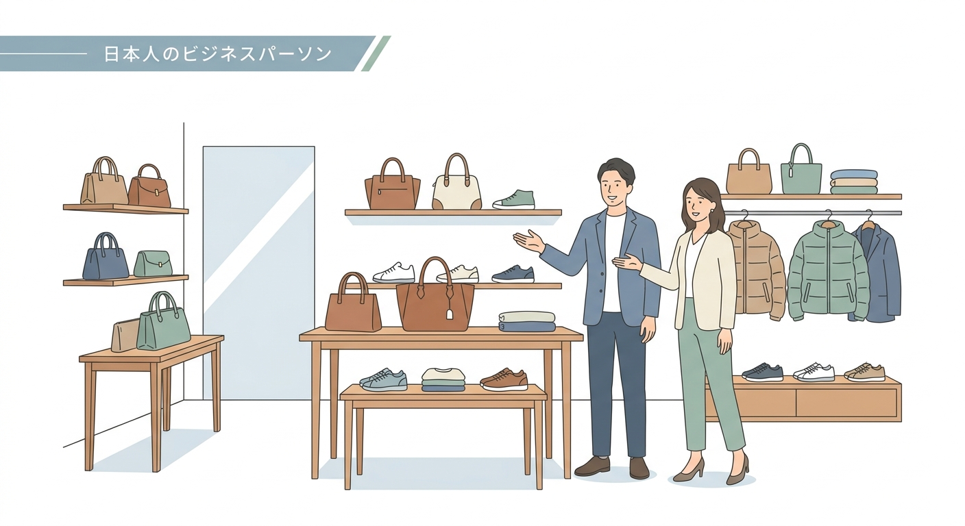 A cozy, high-end boutique interior showing leather bags, sneakers, and down jackets organized beautifully on display tab