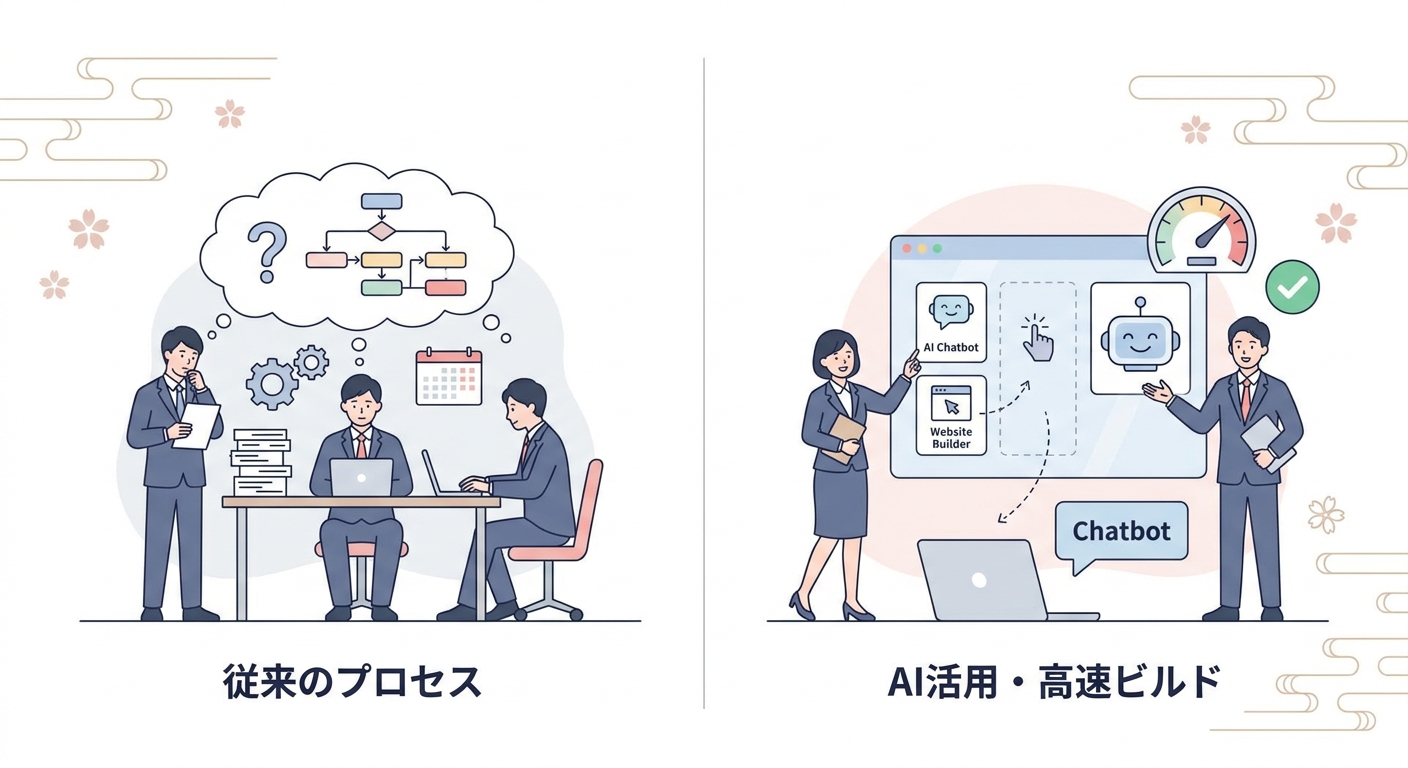 A split screen illustration comparing a traditional web development process with a fast, AI-powered website builder and 