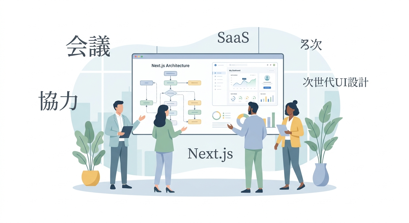 A professional business meeting in a modern, bright office, where developers and clients are collaborating on a SaaS pro