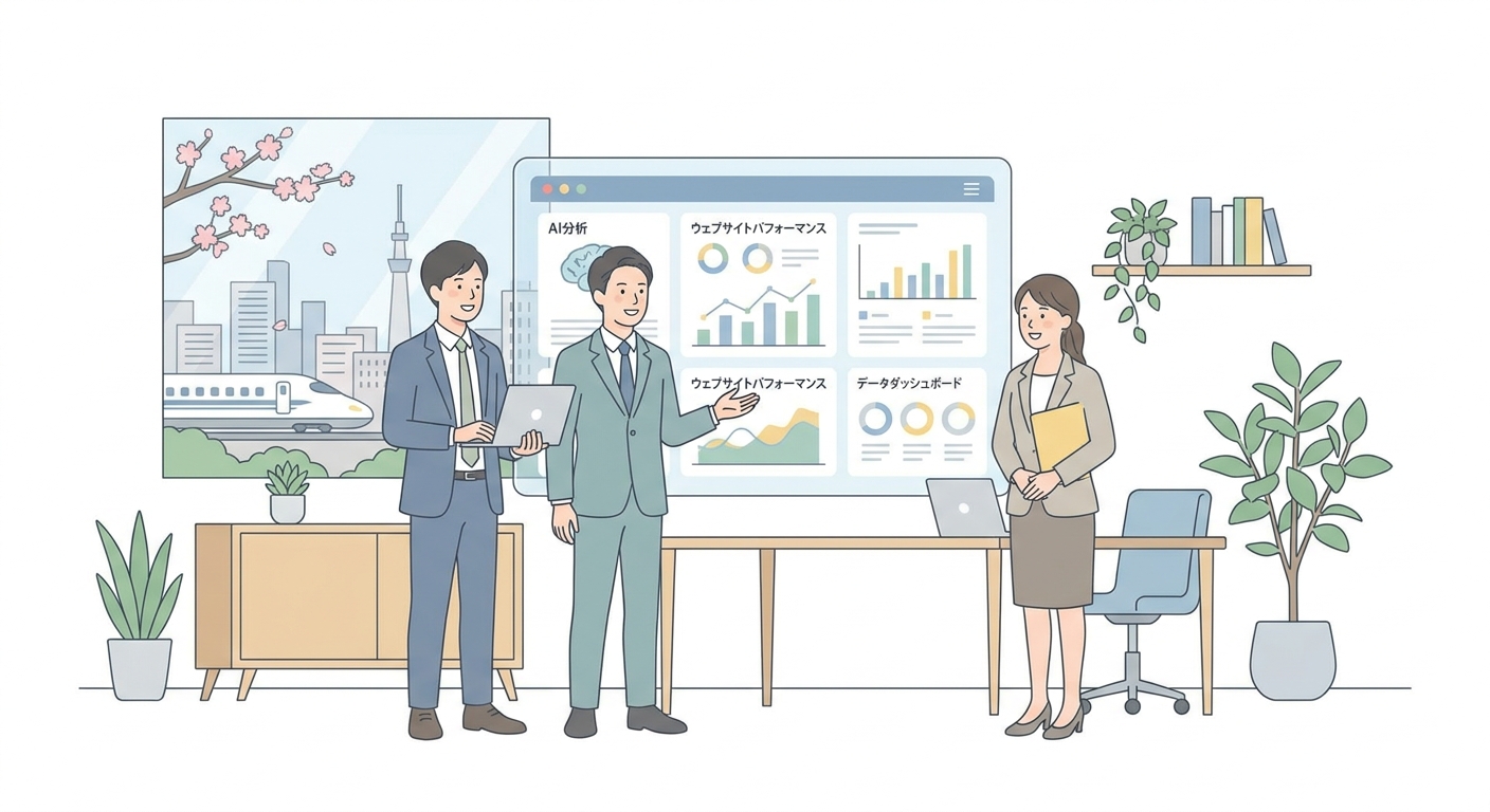 A modern business team analyzing AI-driven website performance metrics on dashboard screens in a sophisticated office