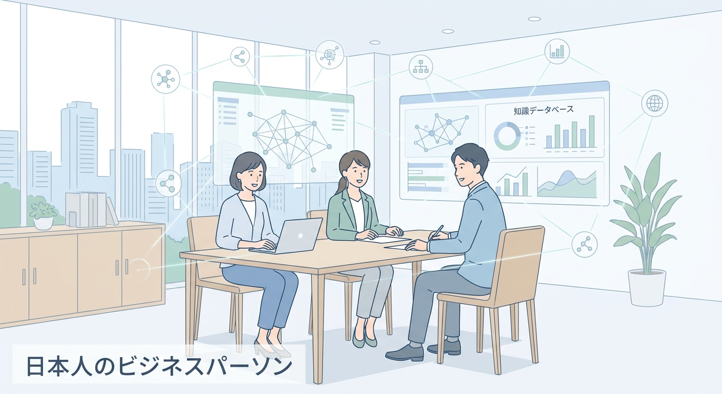 Professional corporate office with futuristic digital network overlays and a team analyzing knowledge database charts on