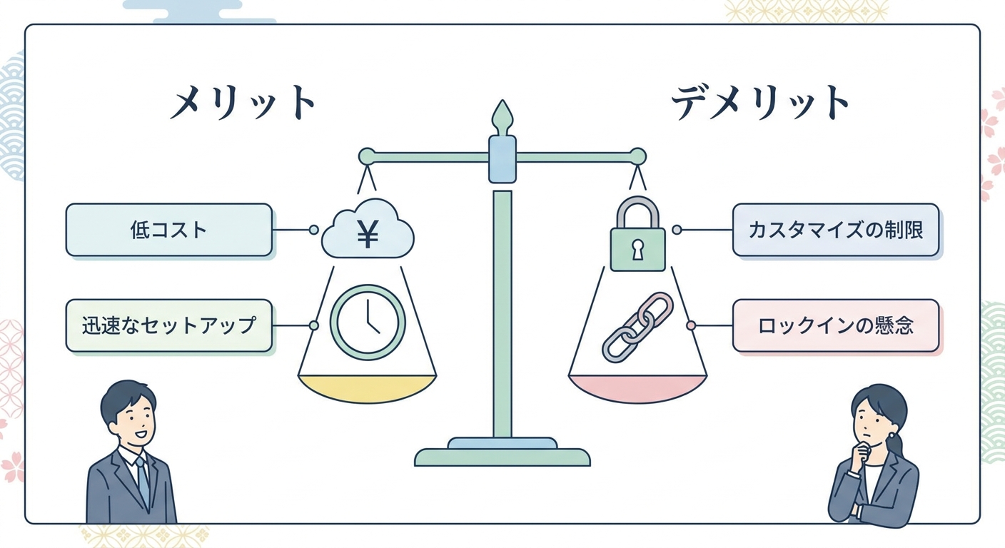 A balanced graphic representation showing the pros and cons of website subscription services, with icons representing lo