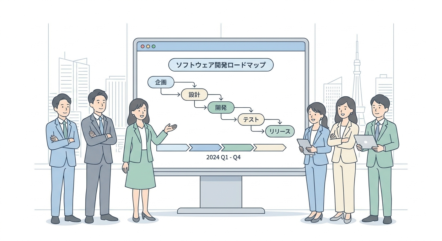 A flowchart or conceptual diagram of software development roadmap on a digital whiteboard, with professional team planni