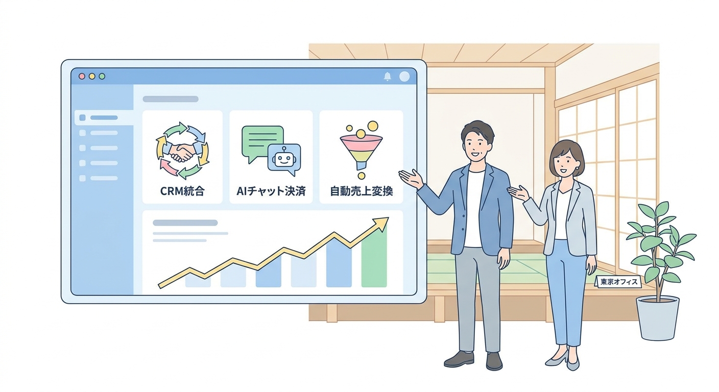 Business dashboard showing CRM integration and automated sales conversion through AI chat payment