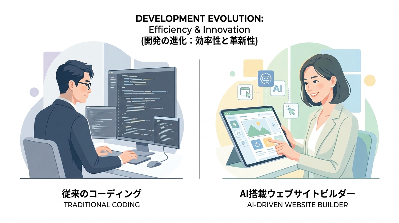 A split screen comparison illustration showing a traditional web developer coding on one side, and an intuitive AI-drive