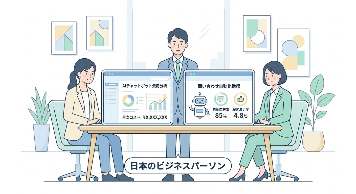 A modern corporate customer support team evaluating AI chatbot cost dashboard and inquiry automation metrics on clean di