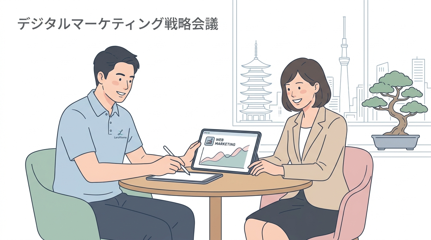 A friendly and professional meeting between an engineer from LaruVisona and a local business owner in Tokyo, discussing