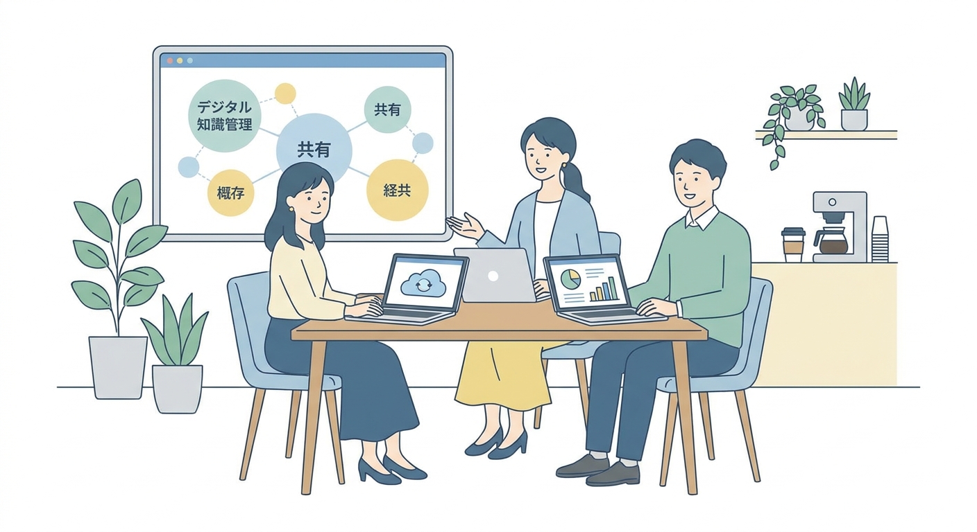 Modern bright corporate office with team members discussing digital knowledge management tools on laptops