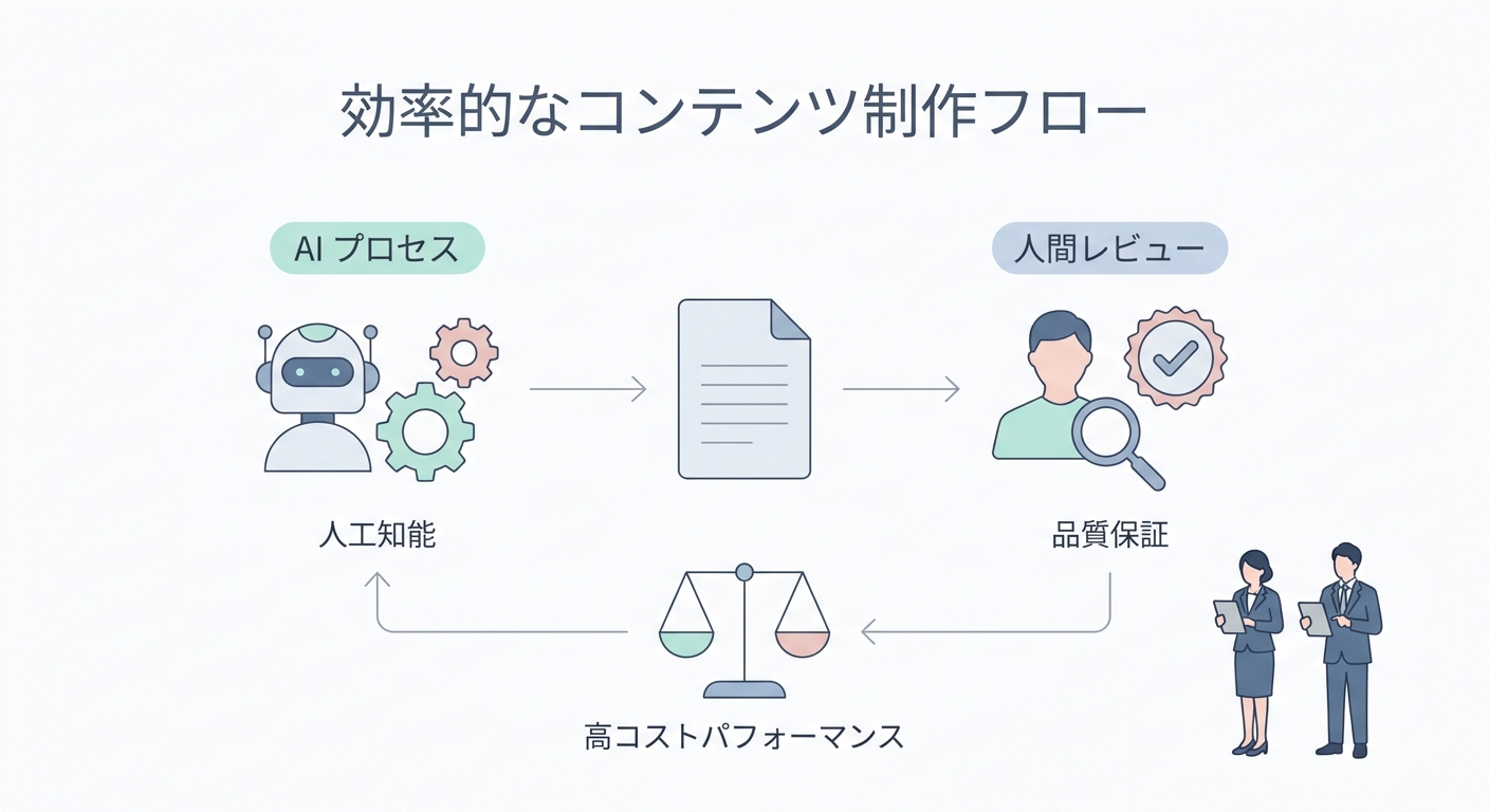 An abstract illustration of a streamlined content workflow balance, combining artificial intelligence process icons with