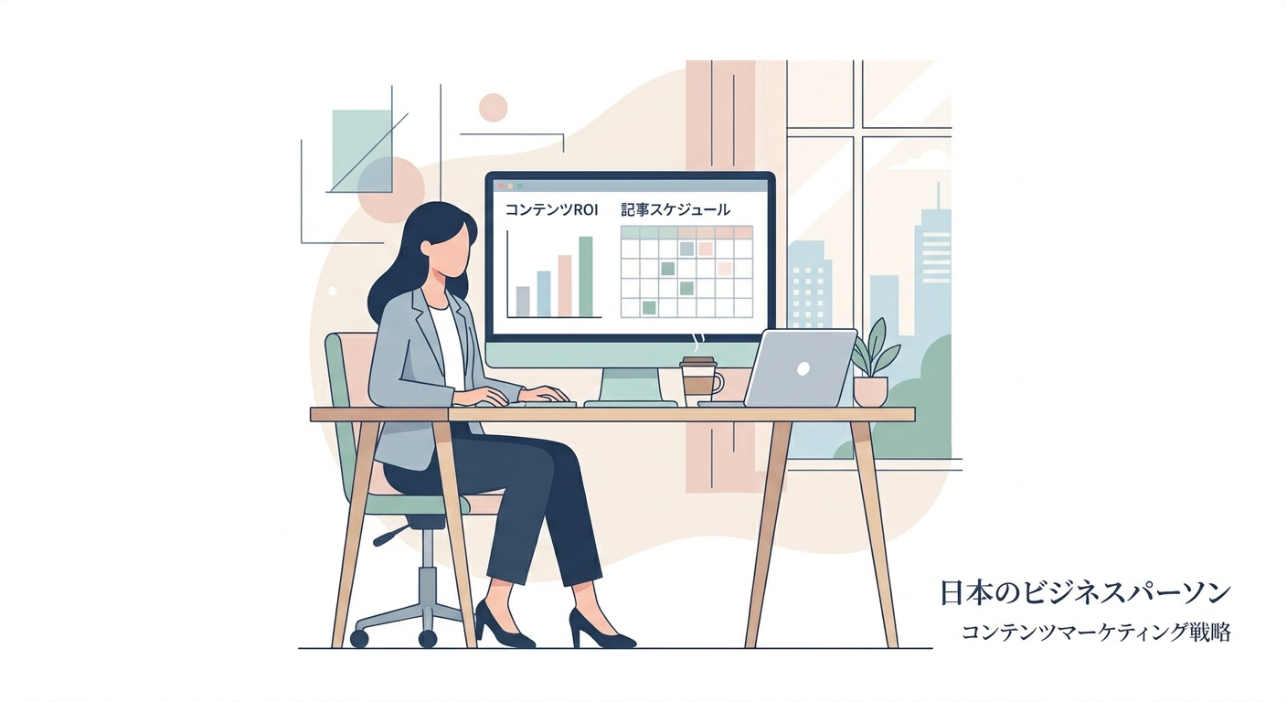 A modern professional workspace featuring a marketing strategist analyzing content ROI charts and article schedules on a