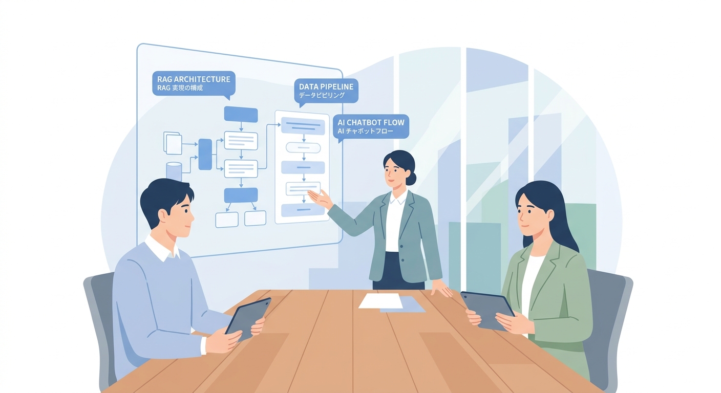 A professional business meeting in a modern office with transparent screens showing advanced AI chatbot architectures, R