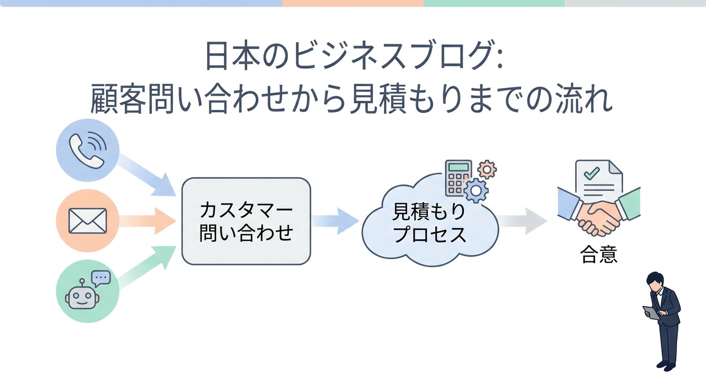 A clean infographic-style flow chart showing the process of customer inquiry to estimation, with icons for phone, email,