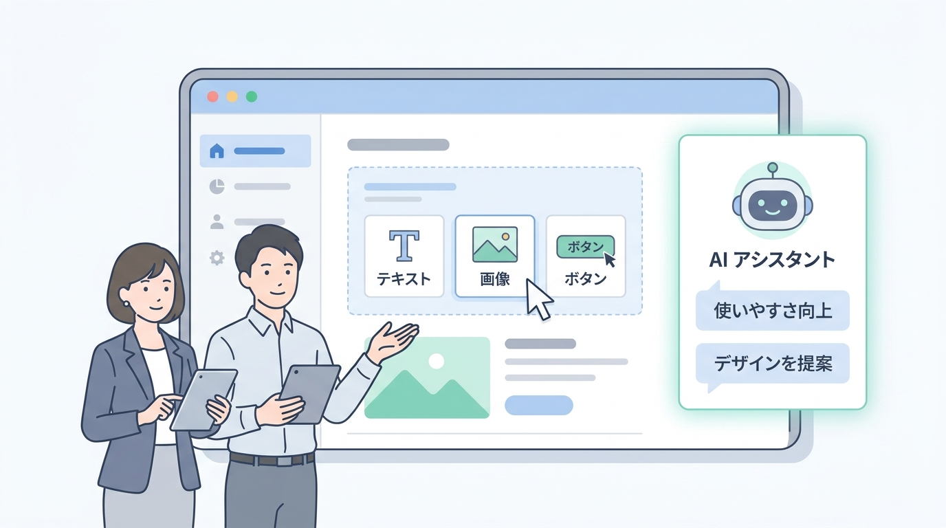 A sleek dashboard of a website builder showing drag-and-drop elements and an AI assistant panel on the side, highlightin
