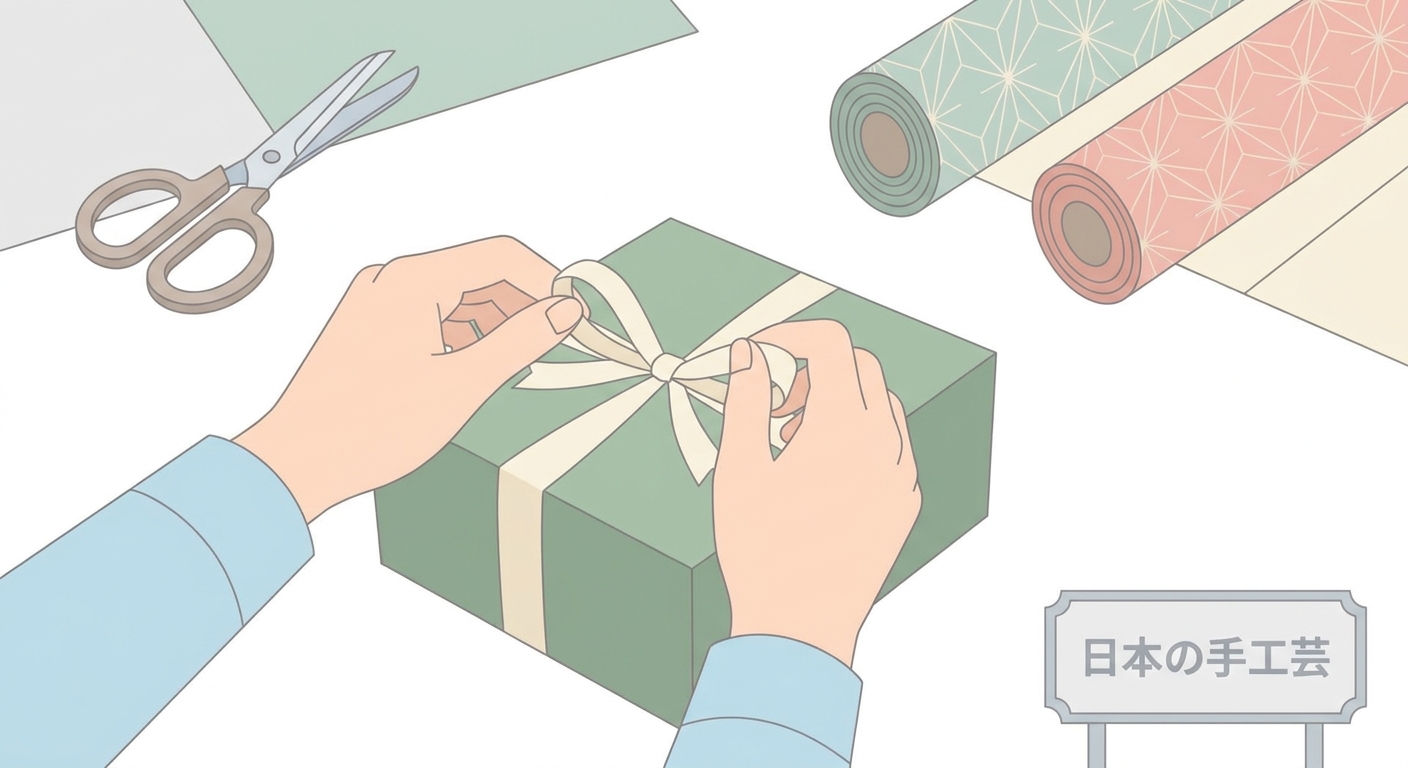 A close-up of hands tying a beautiful ribbon on a gift box, with wrapping paper and scissors in the background, craft wo