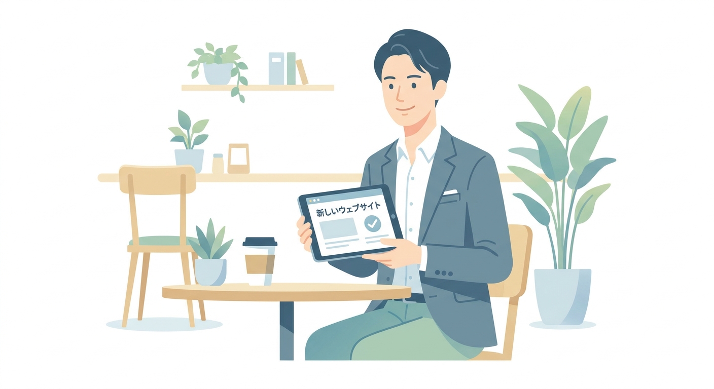 A satisfied business owner looking at their new website on a tablet in a cozy cafe, modern and warm atmosphere