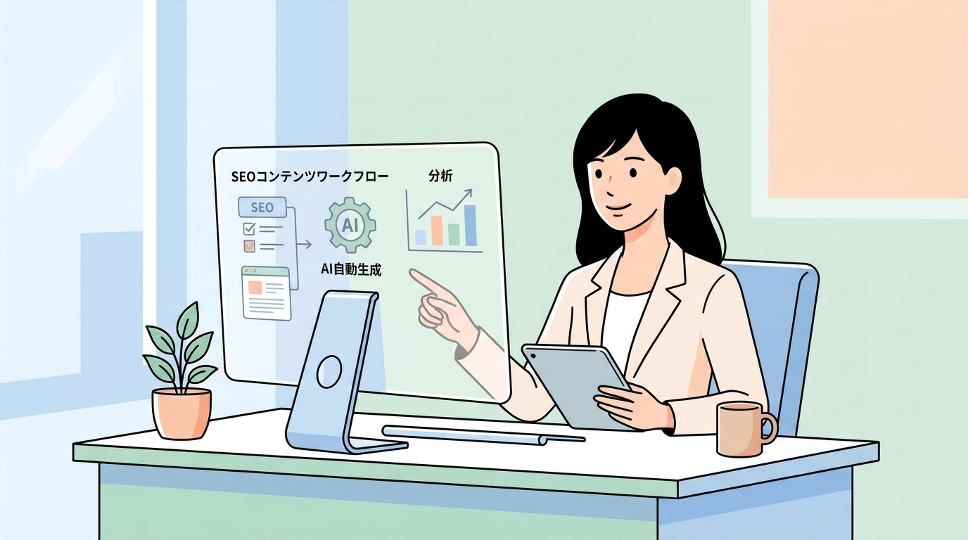 A professional digital marketing specialist analyzing automated SEO content creation workflows on a modern computer disp